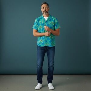 Party Pants Mens Large Hawaiian Button‎ Up Shirt Aloha Tropical Palm Trees